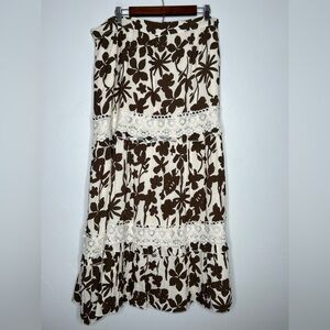 Boston Proper Brown and Cream Floral Maxi Skirt Crochet Size XL Boho Resortwear